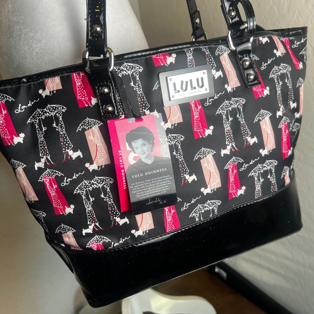 Lulu Guinness London Tote Bag Set Nylon Black Pink Umbrella Scottie Dog NWT